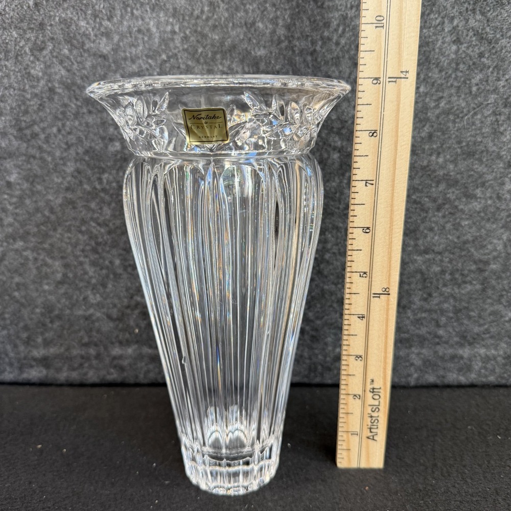 Noritake South Haven Crystal Vase 9" Flared Laurel Cut Rim Fluting Germany - Picture 10 of 12